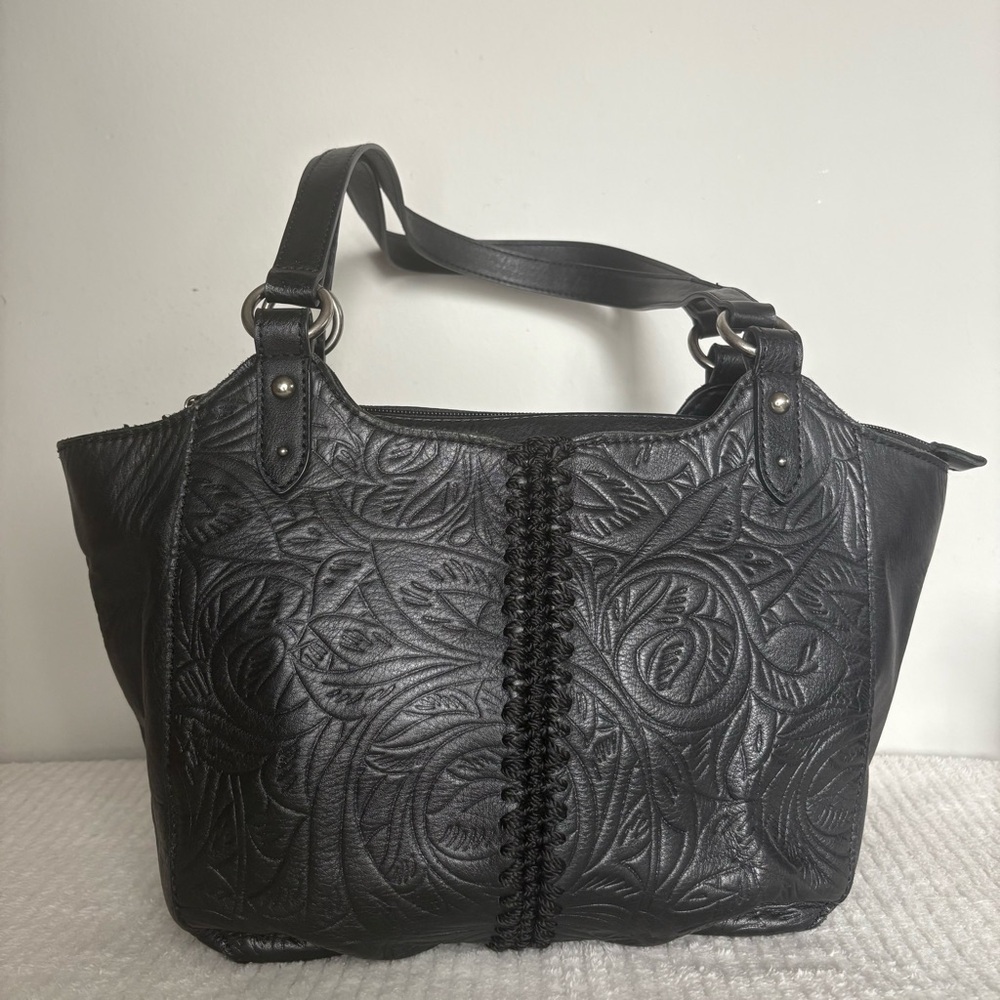 The SAK Embossed Black Bolinas Leather Satchel